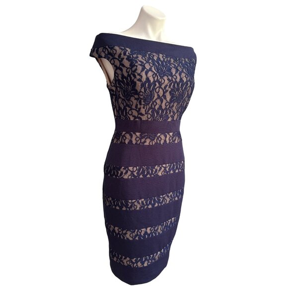 Jax NWT $119 Navy Lace Overlay Sheath Dress Off-Shoulder Neckline Women's Size 8 - Picture 3 of 10